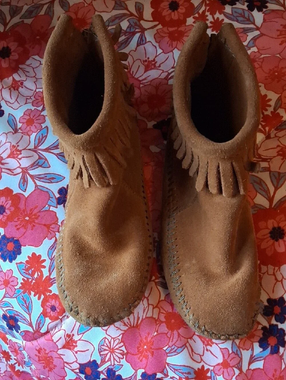 Kids Fringe Brown Suede Zip Back Ankle Moccasins Boots Booties Back To School